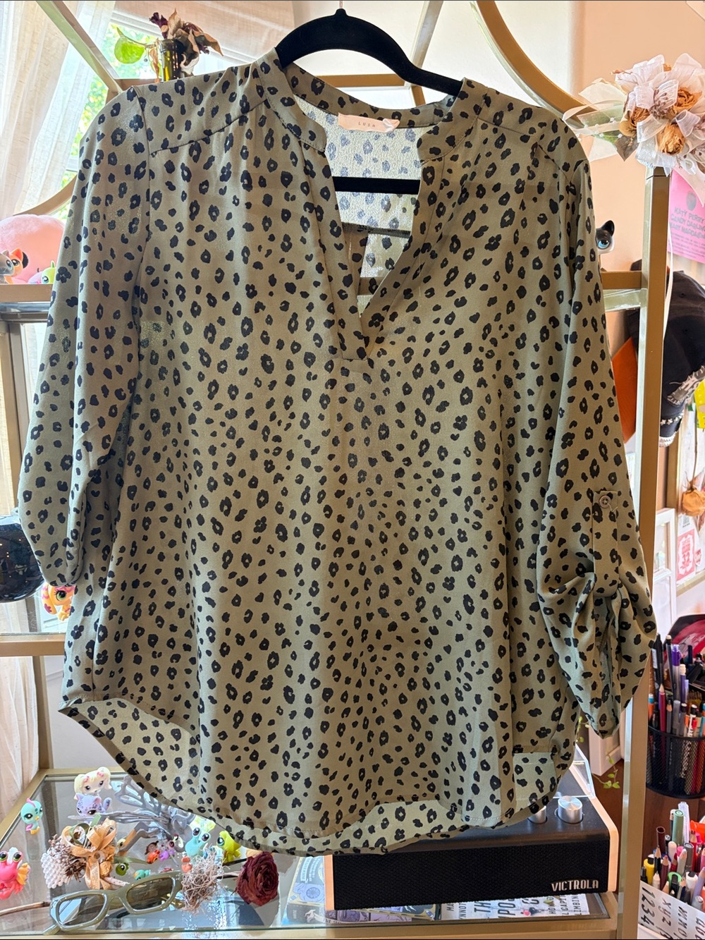 Lush Olive Green Black Leopard Print V-Neck Blouse